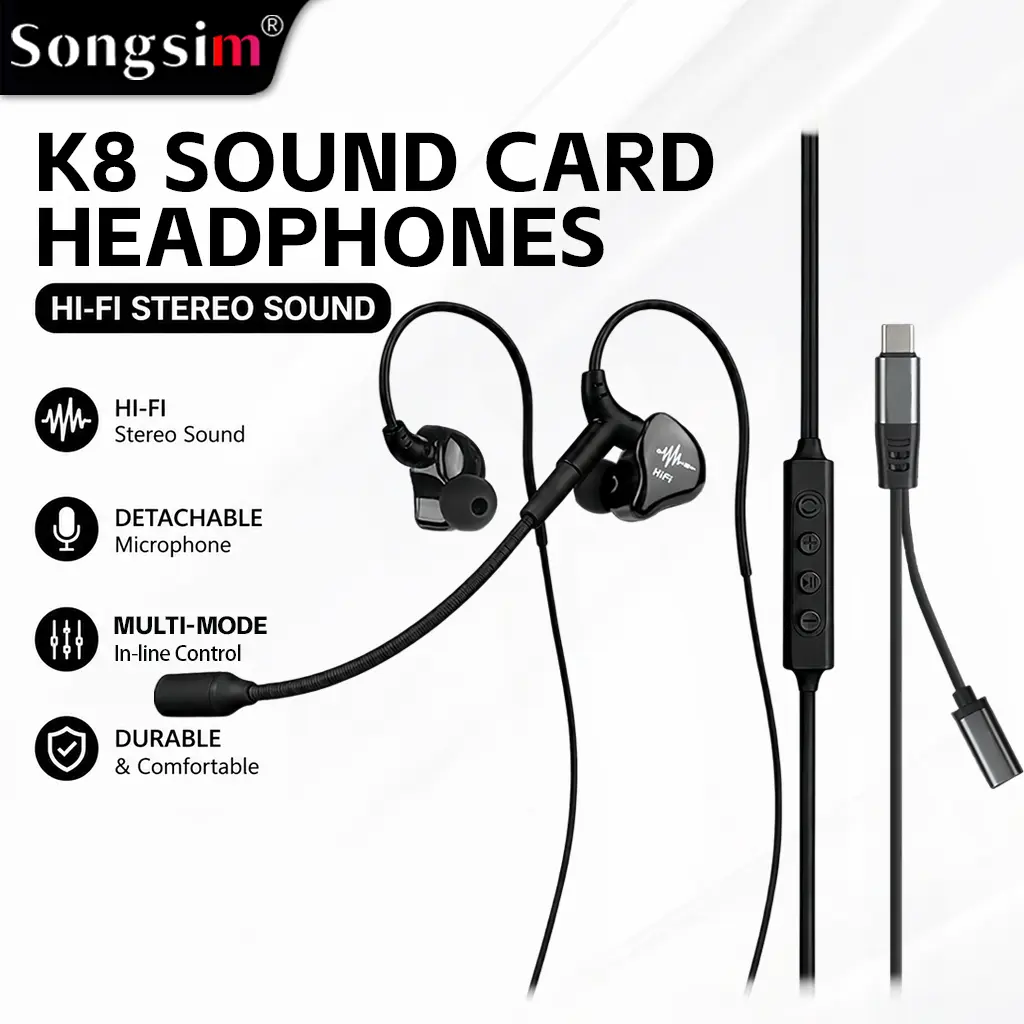 Songsim K8 Sound Card Wired Earhook Headphones with Detachable Mic, Type-C Dual Port Charge While Streaming, 4-Key Inline Control Reverb Gaming Live Streaming Earphones HiFi Stereo for Podcast Singing Game