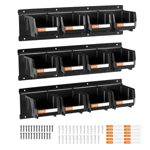 summervibes Wall Mounted Home Organizer with 12 Plastic Stackable Bins, 3 Metal Rails, Hanging Storage Solution for Screws, Nuts, Bolts, Nails, Hardware Tools in Workshop, Garage