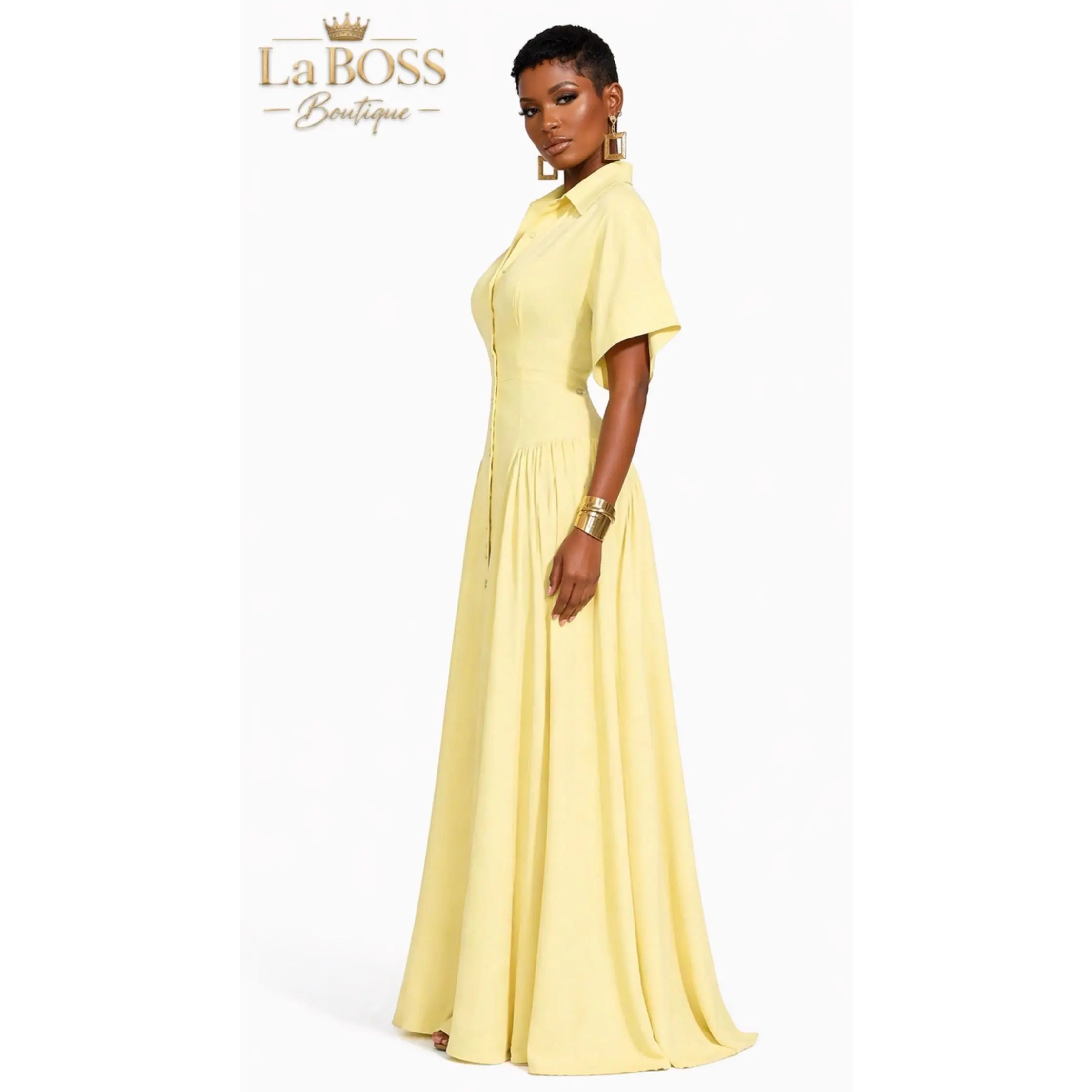 La BOSS Boutique Women's Lapel Neck A-Line Midi Shirt Dress  Short Sleeve  High Waist Button Front Elegant Flowy Dress - TikTok Shop