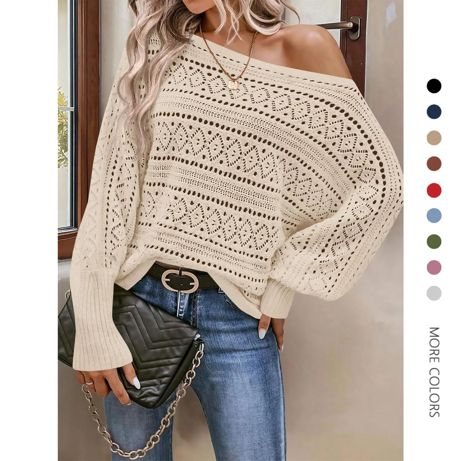 Danedvi Women's Boho Knitting Sweater, Casual Off-The-Shoulder Top with Batwing Long Sleeves, Oversized Lady Clothes for Fall Holiday, Longsleeves, Knitwear, Crochet, Batwing Sleeves, Check Size Chart, Office-To-Outing Ready, Oversized Cut, Basic, Aesthet