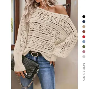 Danedvi Women's Lady Off-The-Shoulder Knitwear - Fall Casual, Basic Loose-Fitting Oversized Batwing Longsleeves Crochet Pullover Top for Holiday Wear,summervibes