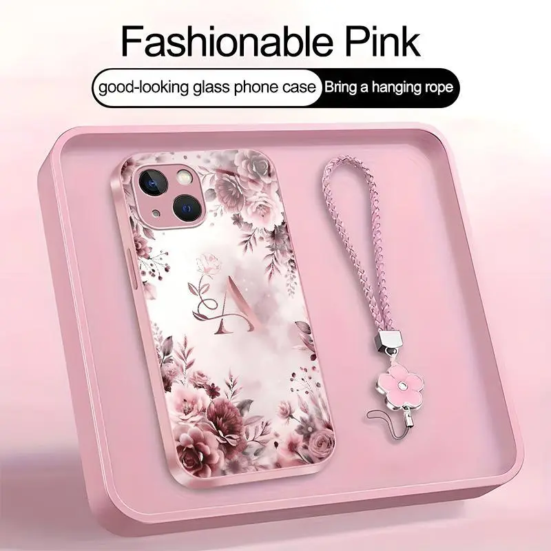 Rose Floral Art 26 letter Phone Case, Suitable for [iPhone 14] high-end women's, Lanyard a beautiful four-leaf clover lanyard is included🍀 952