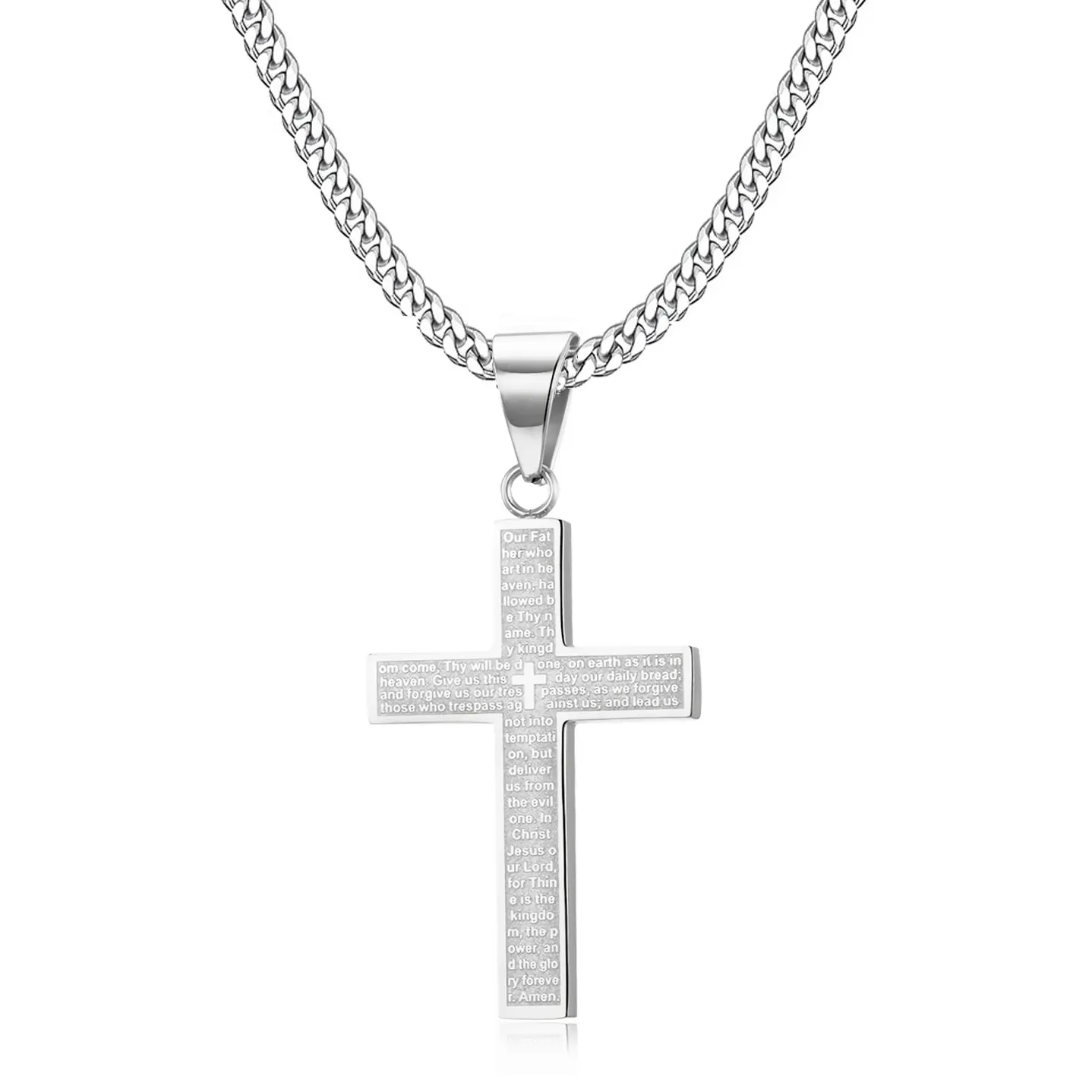 Stainless Steel Cross Necklace for Men & Women, Lord's Prayer Engraved Faith Pendant with 18-26 Inch Cuban Chain, Faith Necklace, Necklaces For Women