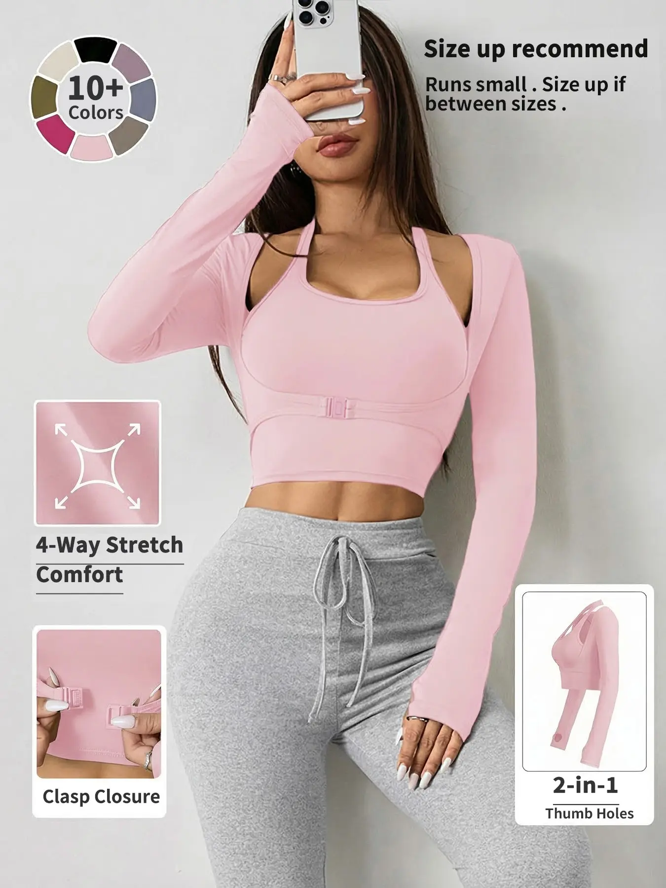 Women's Solid Color Long Sleeve Thumb Hole Design Halter Neck 2 in 1 Sports Tee Gym Yoga Tops for Yoga Gym Workout Clothes, Ladies Sportswear for All Seasons