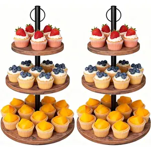 Cupcake Stand, 2 Pack Rustic Wood Cake Stand, 3 Tier Cupcake Round Tiered Tray Stand for Dessert Table Display, Industrial Wooden Serving Stand Wedding, Graduation and Baby Shower