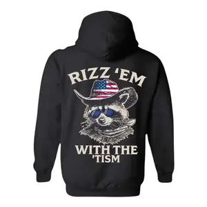Patriotic Rizz ’Em With The ’Tism Hoodie – Cool Raccoon in Sunglasses and Cowboy Hat, Funny Statement Sweatshirt, Unisex Casual Wear for Humor and Bold Style Fans