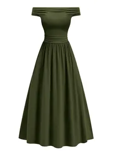 BTFBM Women’s Casual Dresses Spring 2026 Sleeveless Off The Shoulder Dress Slim Swing Pleated Beach Maxi Sundress Pocket