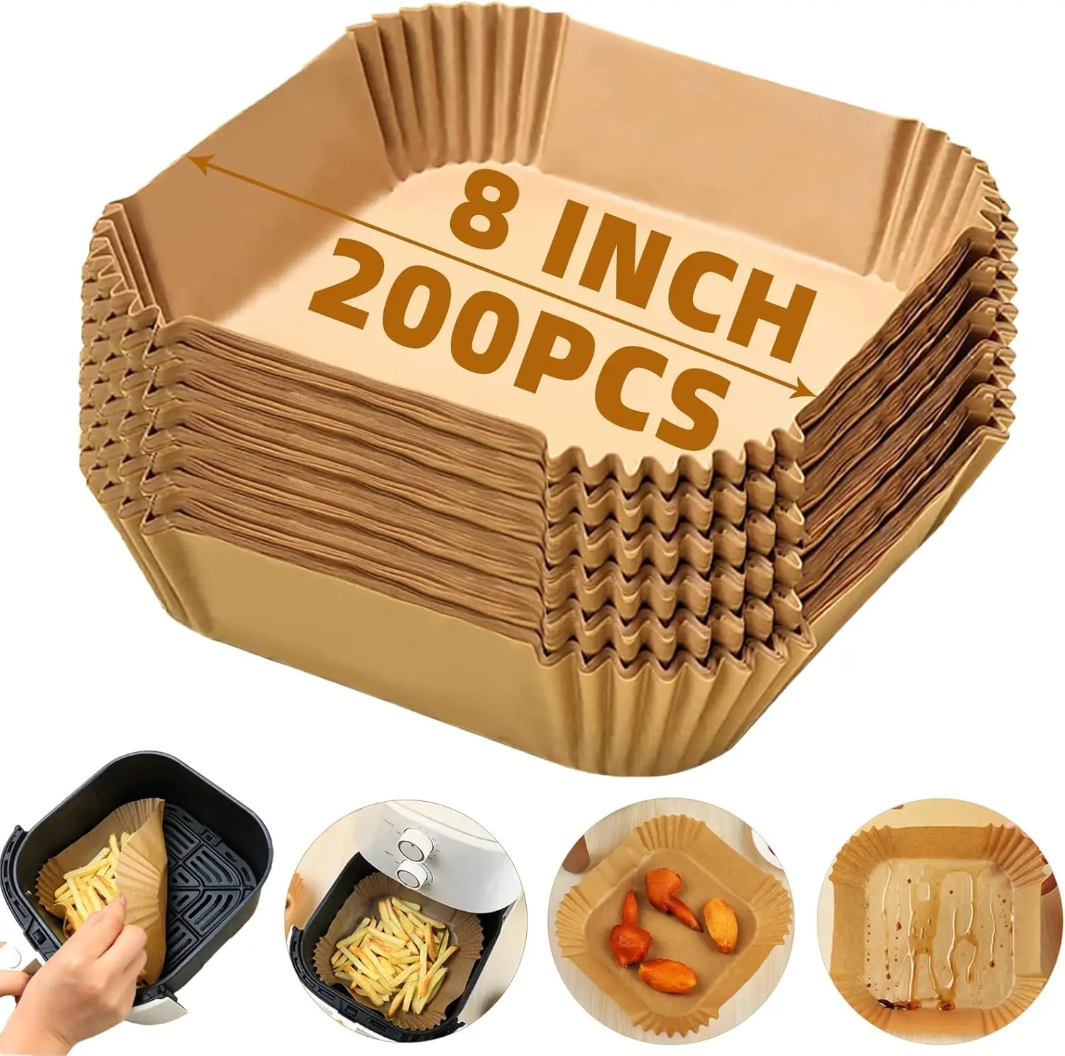 200PCS 8" Square Non-Stick Disposable Parchment Paper Sheets - 2-5QT Air Fryer & Bakeware Accessory, 6.3" Bottom Width, 1.8" Height, Square Bowl Shape Holds Food, Food-Safe, High-Temp, BPA-Free, Waterproof, Oil-Retaining, No Taste Impact, Saves Wash Time,