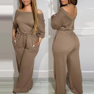 outfits women Women's Off Shoulder V-Back Stretchy Waist Pocket Design Jumpsuit Comfortable Womenswear Overalls Backless Collar