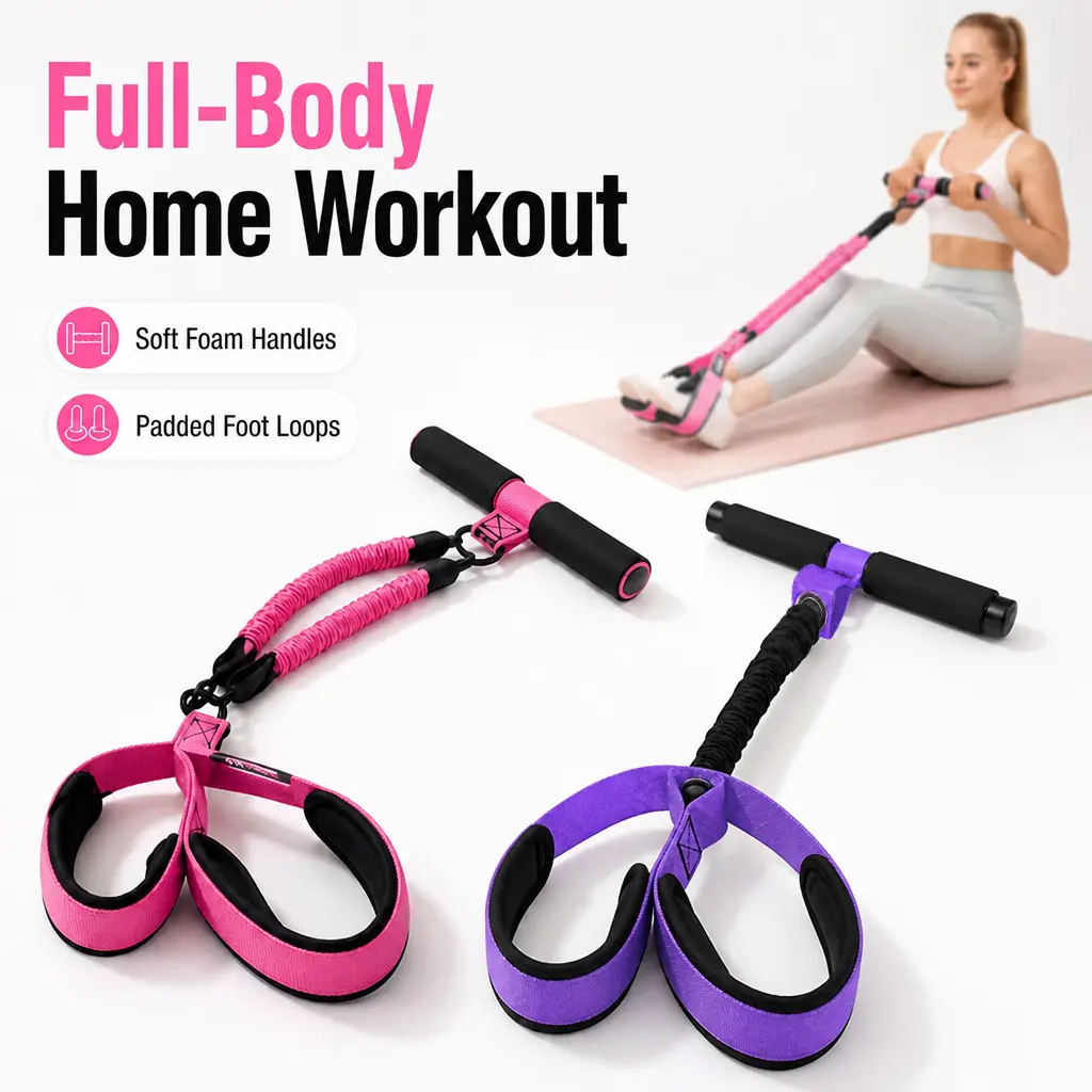 Pilates Pedal Resistance Band Trainer, Portable Elastic Pull Rope Fitness Equipment with Foam Handles, Soft ft Pedal Loops, for Home Gym Abdominal Core Training, Sit-Up, Yoga Workouts