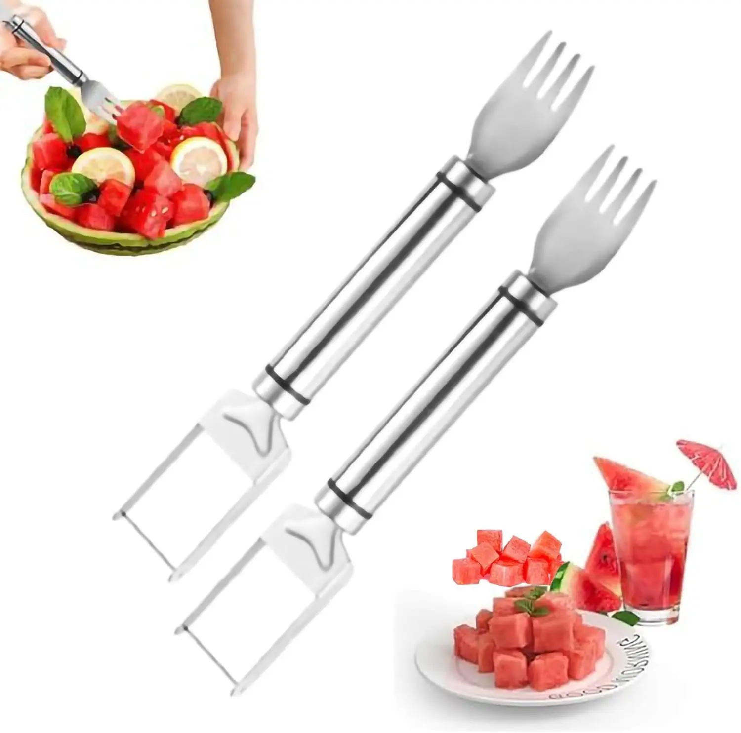 Anti season shopping 2-in-1 Stainless Steel Watermelon Fork Slicer | Dual Head Fruit Forks Knife Cube Cutting Tool Portable Round Handle Kitchen Utensils Watermelon cutter for party Picnic fruit cutting tool Camping watermelon slicer #dealsforyoudays