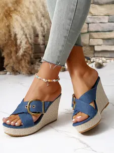 Ladies' summer denim high-heeled sandals with fashionable cross band design, slip resistant and comfortable wedge heel sandals, perfect for summer clothing matching