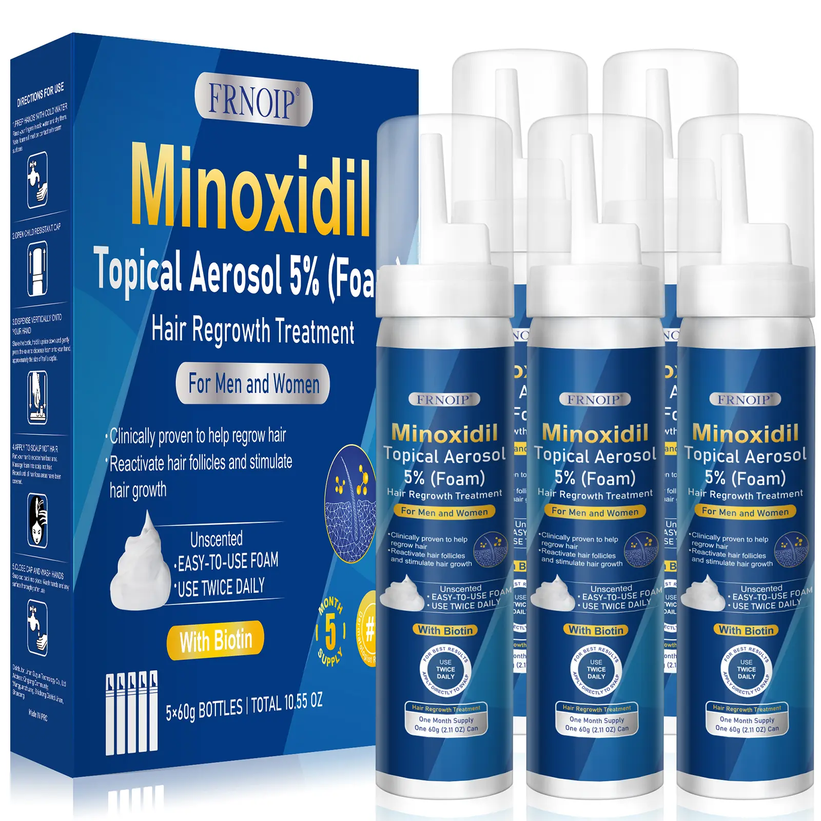 Men's 5% Minoxidil Hair Growth Foam with Biotin - Unisex Adults' Haircare Serum, Liquid Hair Growth Products for Thicker, Fuller Volume Fast Regrowth Treatment, 5-Pack Set, Biotin Boost, Root Growth Booster