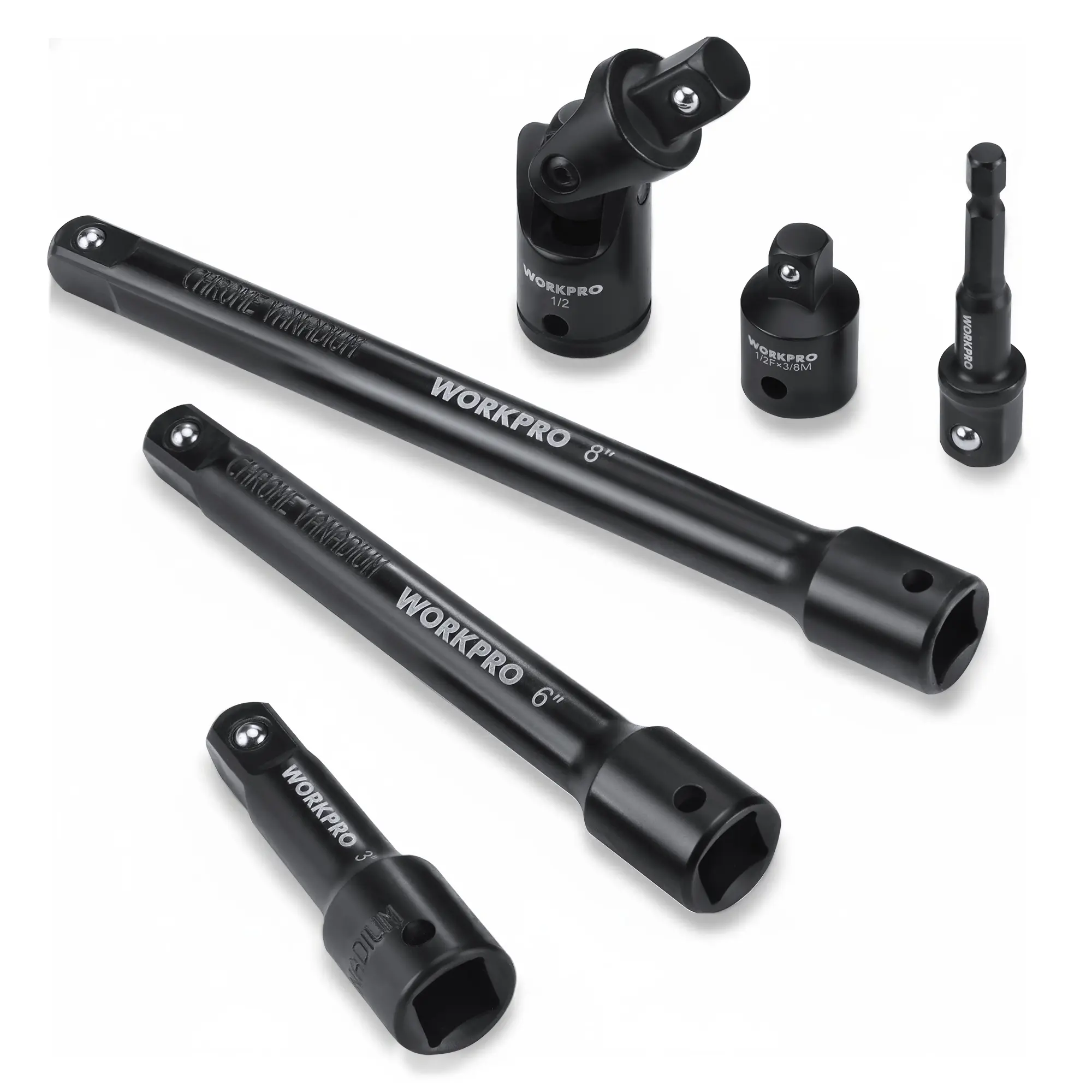 #backtoschool WORKPRO 6-Pack 1/2" Drive Impact Socket Extension Set, Includes 3", 6", 8" Extension Bars, Universal Joint and Socket Adapter, Premium CR-V Steel with Black Phosphate Finish