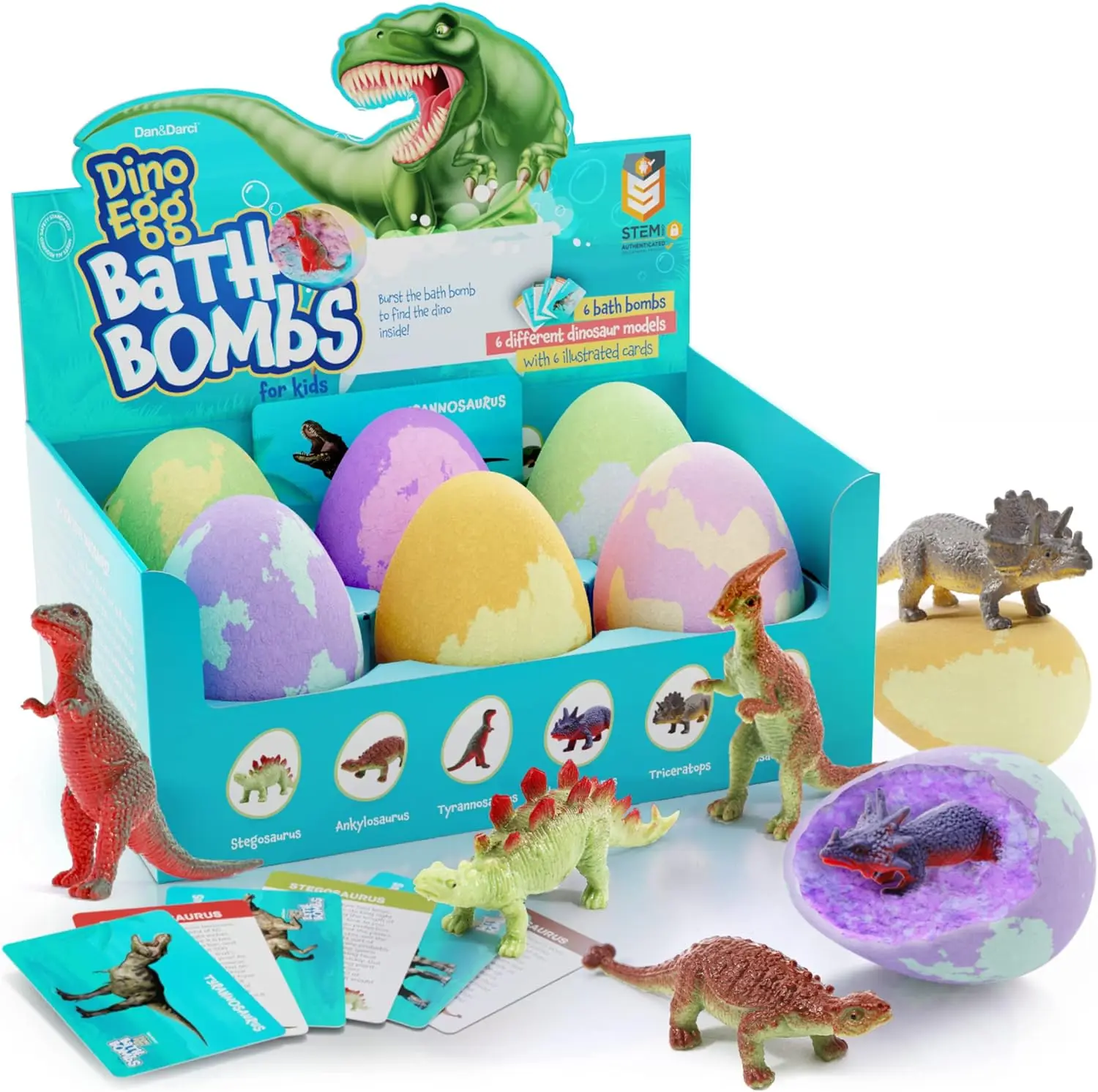 Dan&Darci Capsule Dinosaur Eggs Set - Kids Ages 6+ Latex-Free Water Activity Toy with Dino Figures, STEM Learning Bath Bomb Kits
