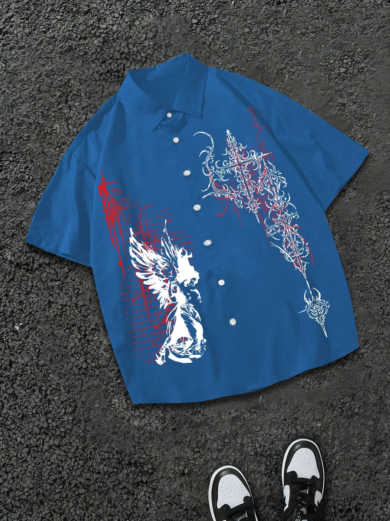 Cyber Gothic Angel Wing Graphic Short Sleeve Casual Shirt - Men's Oversized Grunge Streetwear Button Down - Edgy Cross Print Top for Rave Party & Night Out Alt Fashion, Shortsleeve
