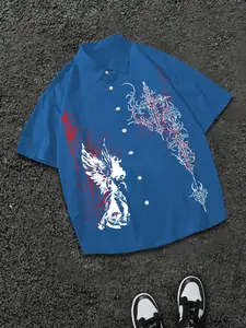 Cyber Gothic Angel Wing Graphic Short Sleeve Casual Shirt - Men's Oversized Grunge Streetwear Button Down - Edgy Cross Print Top for Rave Party & Night Out Alt Fashion