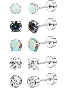 5 Pairs Surgical Steel Earrings for Women Men Hypoallergenic Stud Earrings for Sensitive Ears Flat Back Earrings Stud 20G Stainless Steel Cartilage Earring Opal CZ Small Flatback Stud Earrings Women Studs Earrings