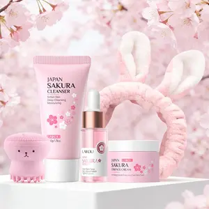 LAIKOU Sakura Skincare Set with Cleanser, Serum, Cream, Hair Band & Facial Brush,Hydrating Brightening Glow Routine