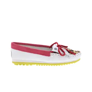 Minnetonka Kilty Plus Leopard Plug 4328 Womens White Loafer Flats Shoes