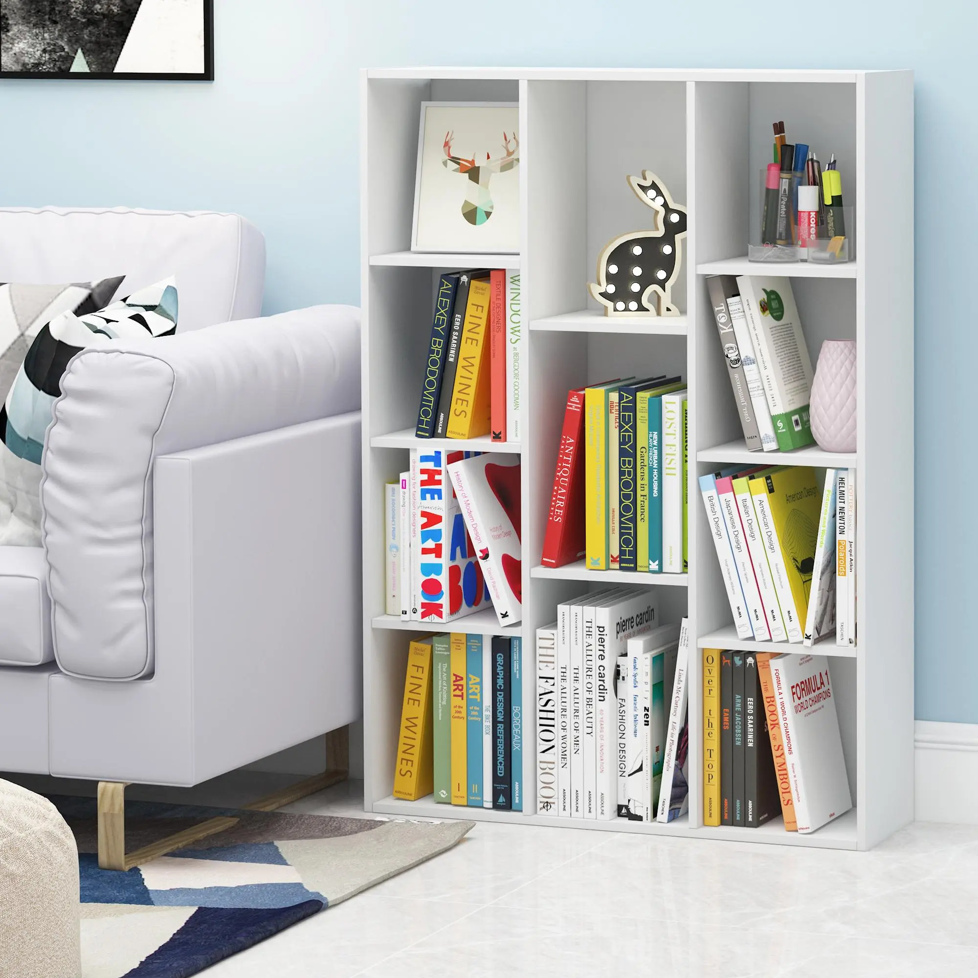 LUDER 11-Cube Reversible Multi Layer Bookshelf Cabinet - Compact, Easy-to-Assemble, Stylish Space Saving Furniture Shelves, 9.4x29.1x41.7in, for Living Room Study Setup, White, Small Room Ideas