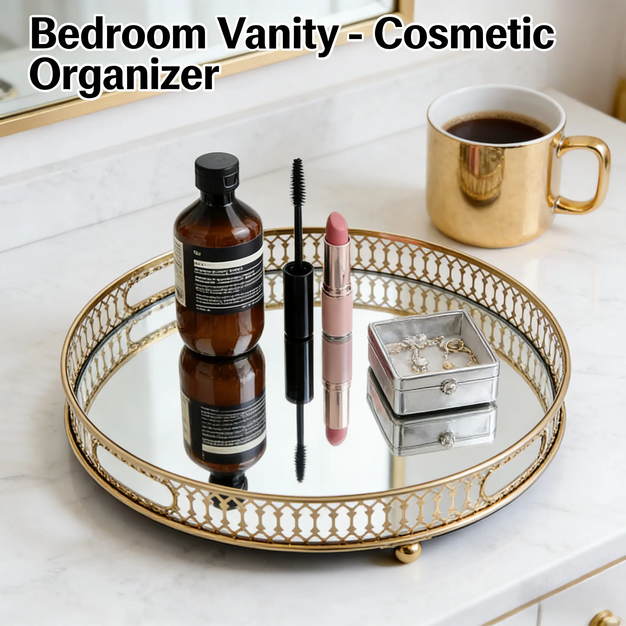 Glam Golden Round Mirrored Vanity Tray - Durable Metal Frame, 1 Round Tray with 12in/32*4cm & 12.6*1.6in Sizes, Modern Bathroom Dresser Decor Organizer, Gift for Girl