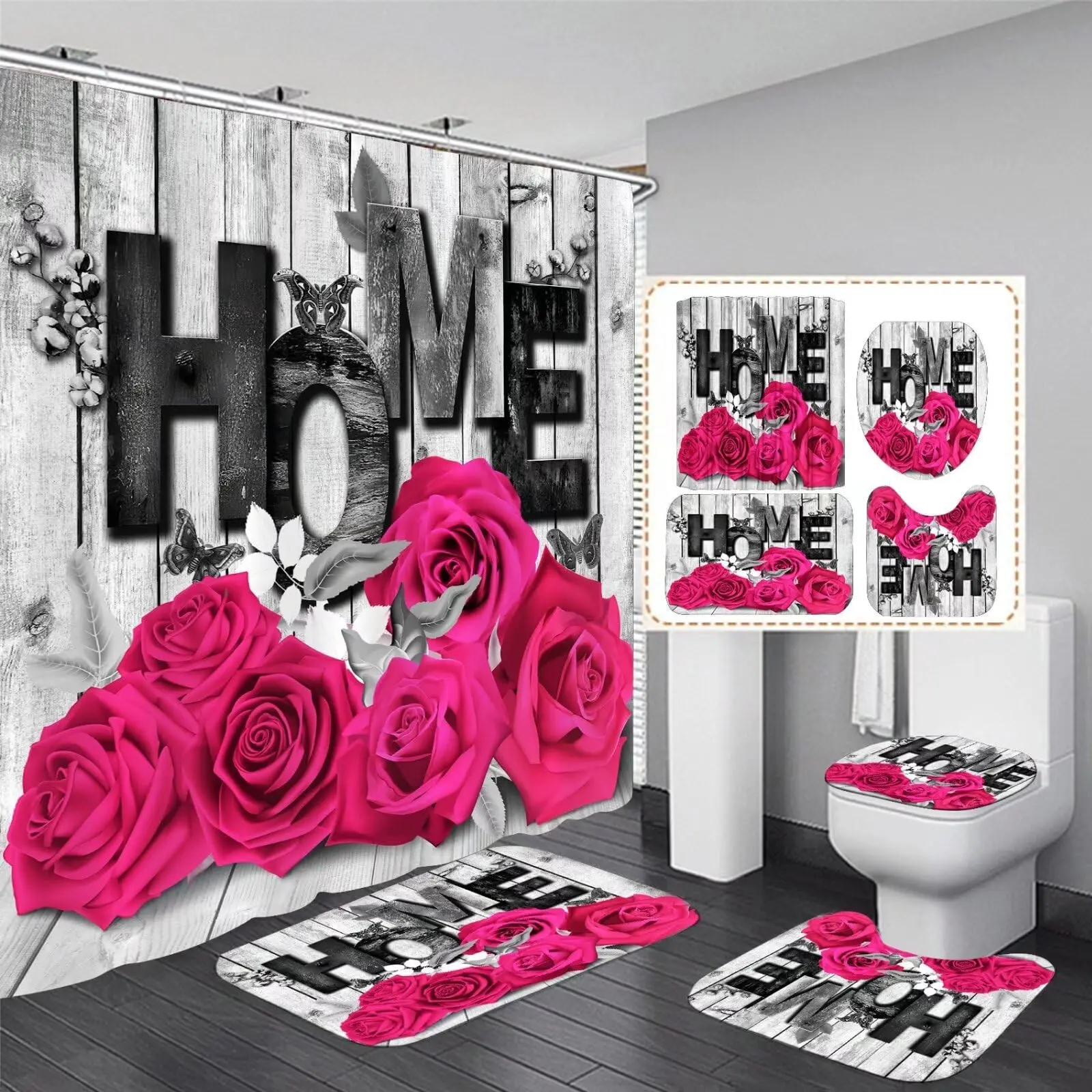 Pink Rose Valentine's Day 4-Piece Shower Curtain Set, Non-Slip Mat, Bathroom Mat