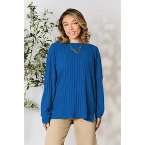 Basic Bae Full Size Ribbed Round Neck Slit Knit Top