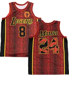 Kobe Bryant 8&24 Los Angeles Legend Mamba Basketball Jersey Red Black Snakeskin Pattern Mamba Head Badge Breathable Mesh Sleeveless Sports Jersey for Kobe Fans Supporters, Mamba Mentality Collectors Retro Lovers & Streetwear Basketball Enthusiasts