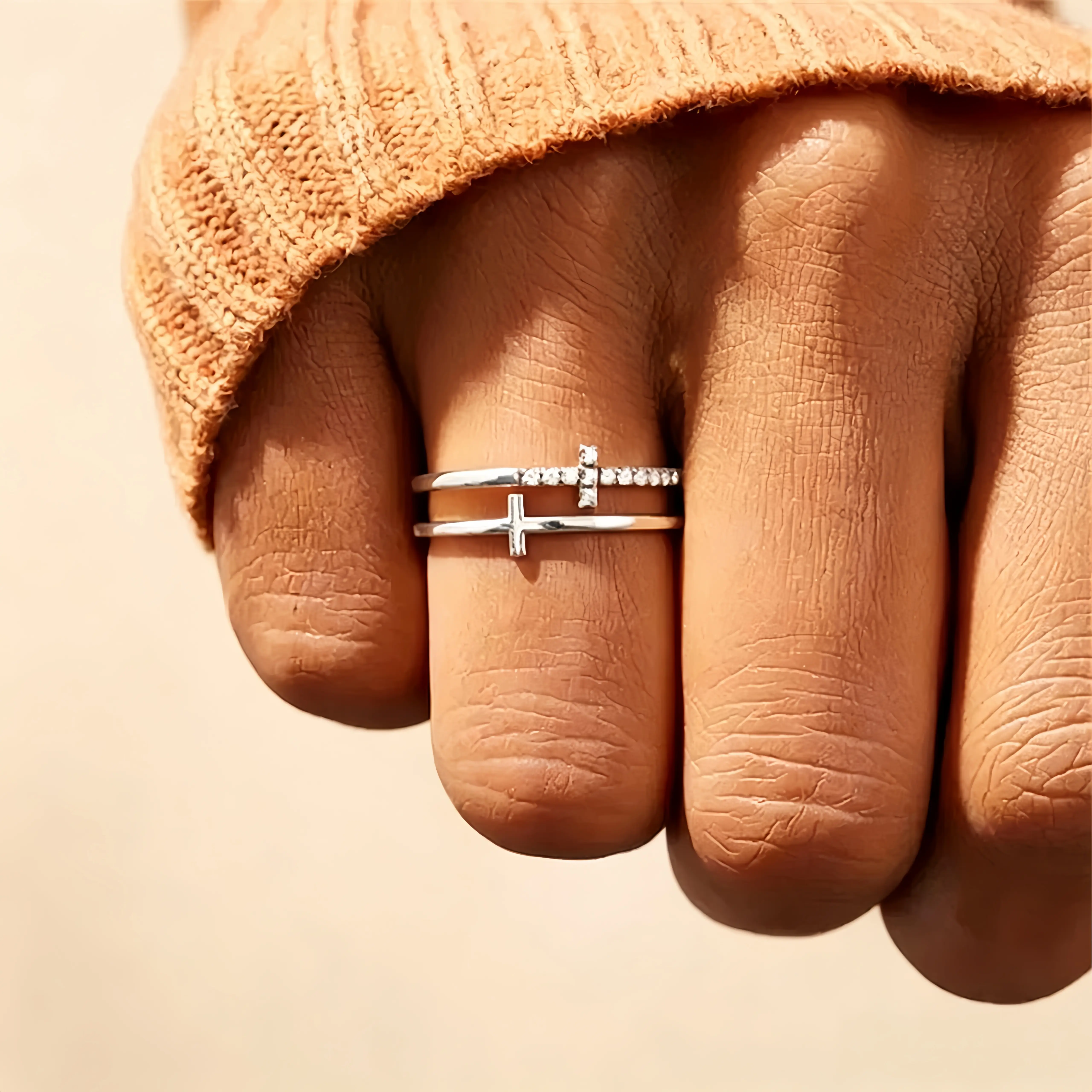 Double Layer Cross Statement Ring, Rhinestone Stackable Copper Ring, Minimalist Faith Jewelry for Women, Sparkly Two-Tier Cross Ring in Silver Gold Black, Dainty Everyday & Party Accessory, Perfect for Layering or Gifting