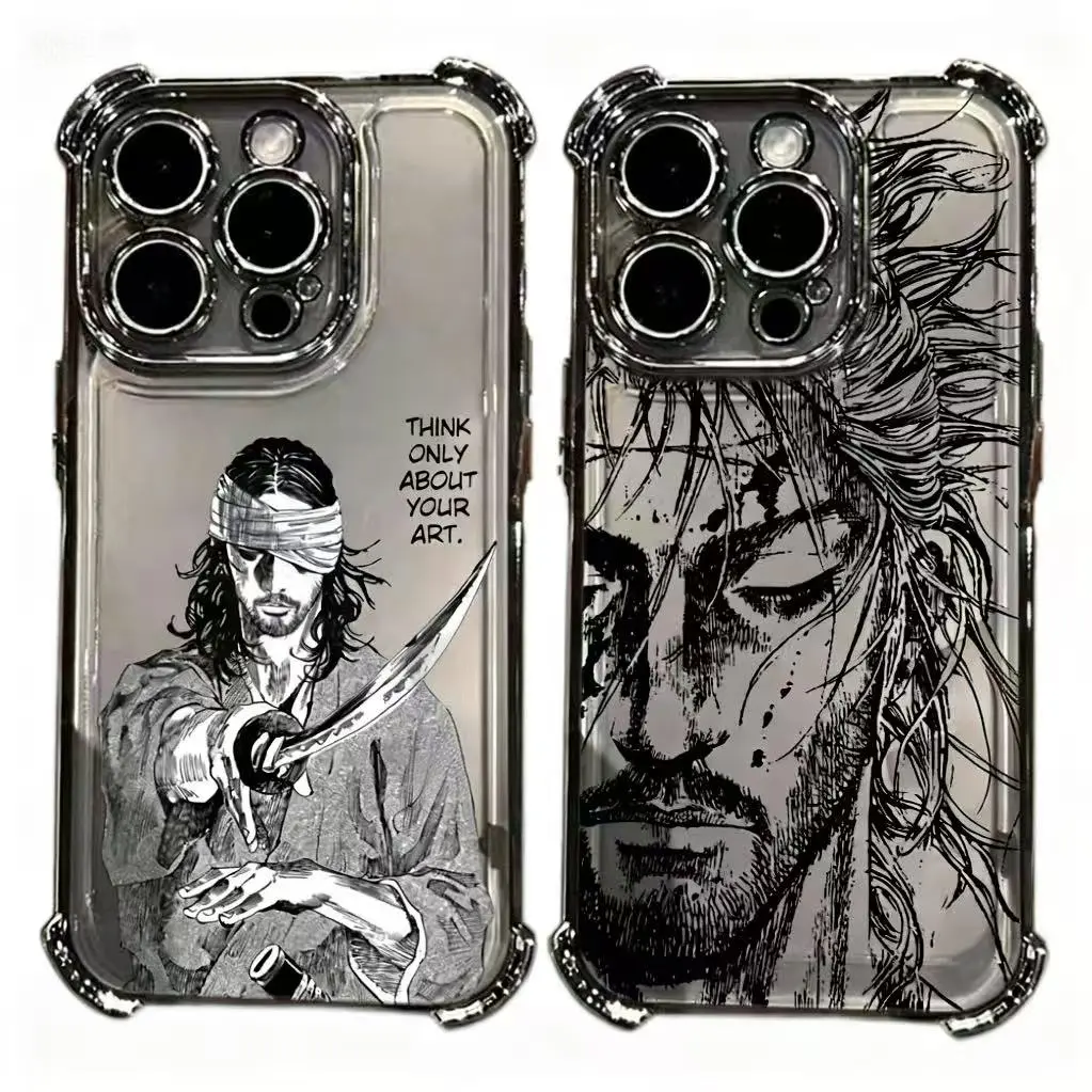 Vagabond Samurai Anime Smartphone Casing for iPhone 17 Pro Max, Pro, Air, 16 Plus, 15, 14, 13, 12 – Black Transparent, Shockproof Protective Handheld Device Accessories