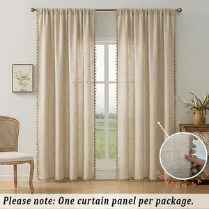 Farmhouse Pom Pom Curtains, 1 Panel Faux Linen Sheer Curtains with Elegant Ball Trim, Light Brown Boho Curtains for Living Room, Rod Pocket Top, Light Filtering & Durable, Machine Washable
