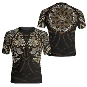 Golden Viking Fenrir Symbol Rune Men's Rash Guard – Short Sleeve Norse-Inspired Design, Viking Mythology Graphic, Perfect for Workout, Outdoor Adventure & Activewear, Ideal Gift for Viking Fans & Warriors