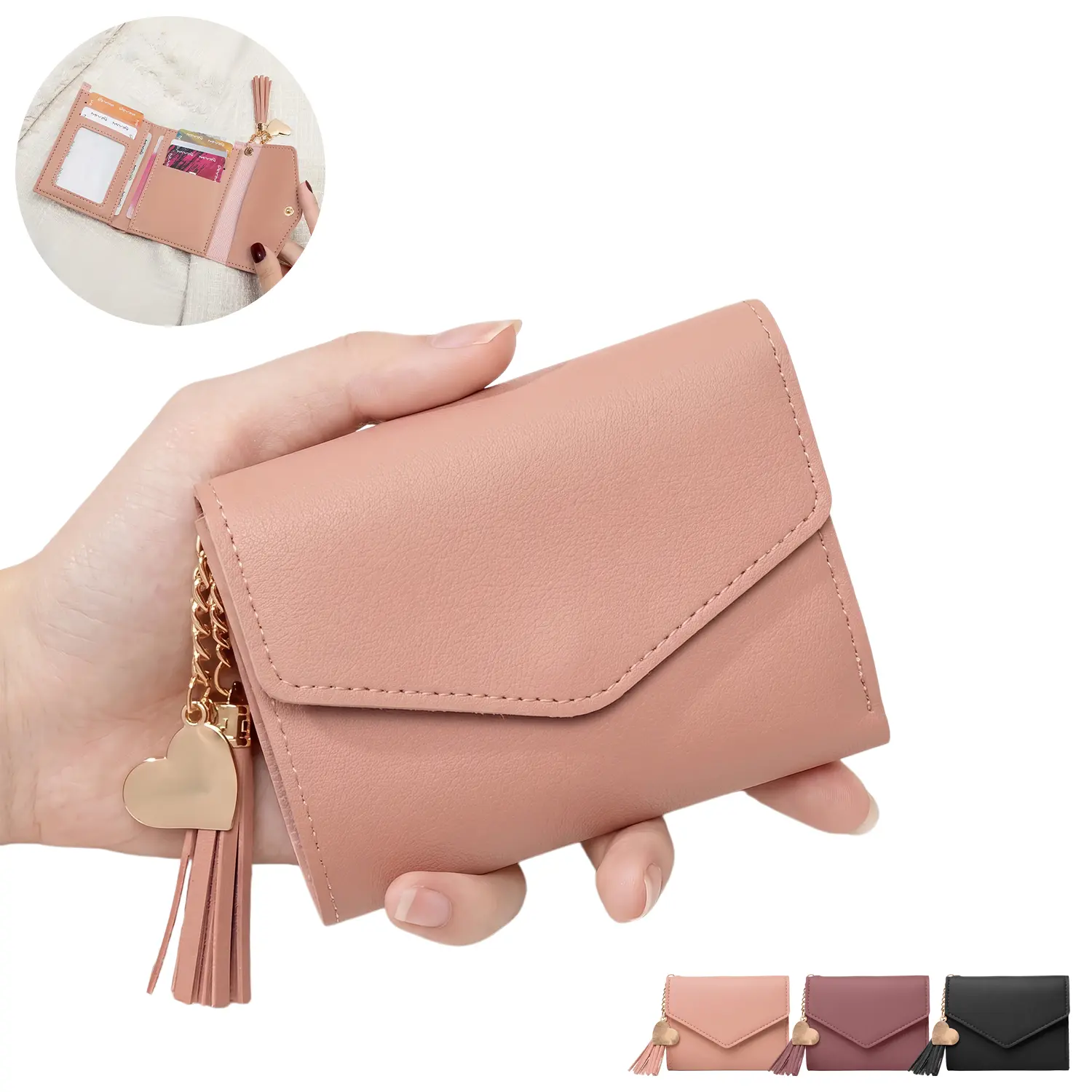 Women’s PU Leather Card Holder Wallet with Tassel, Compact Credit Card Organizer with Multiple Card Slots and Coin Pocket, Small Short Wallet for Daily Use and Gifts