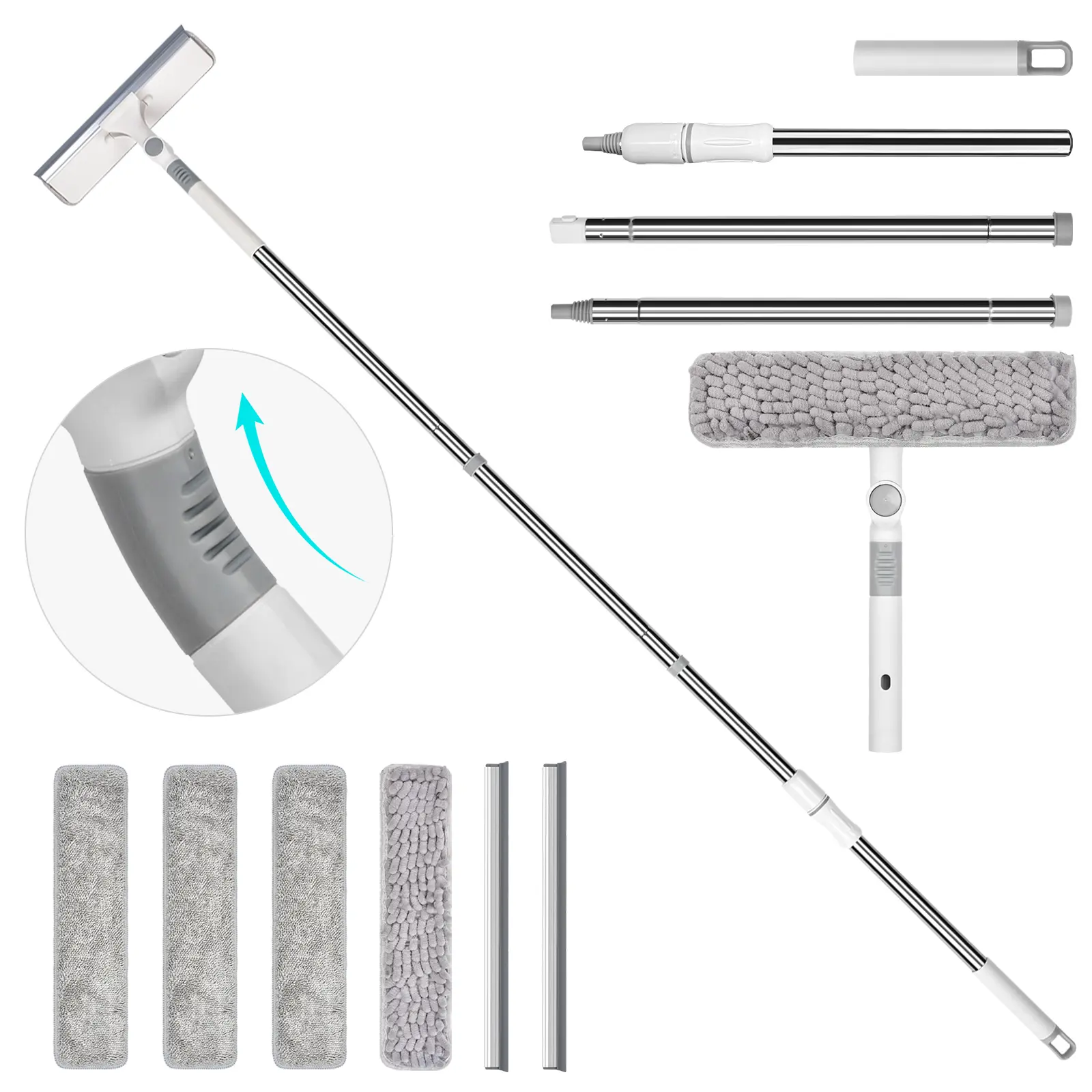2-in-1 Rotatable Cleaning Squeegee Window Cleaner, 69" Telescopic Adjustable Extension Pole Attachment, Velcro Design, 4 Pads, 2 Blades, Streak-Free, Extendable Handle Long Push Pole Squeegees for Home Care, Car Cleaning Supplies