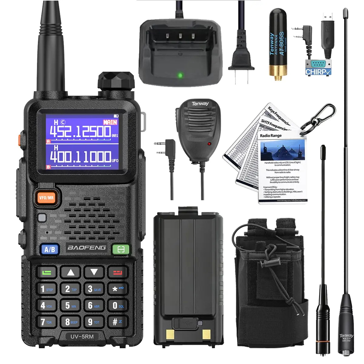 Baofeng UV-5RM 10W Sturdy Plastic Chirp VHF/UHF Handheld Ham Radio Walkie Talkie, 999CH, NOAA Weather Receiver, DTMF Copy Frequency, USB Type-C Charging, Audio Support, Auxiliary Local Sound, Rechargeable Batteries, Original Box (Not Water Resistant), Rad