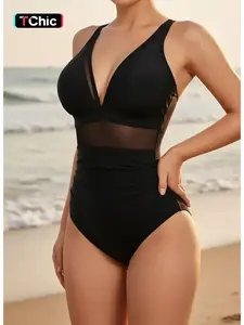 New Solid Color V Neck Mesh Patchwork Crinkle One Piece Bikini, Ruched Swim Suits, Casual Summer Swimwear, Thin Fabric, Fitted Style