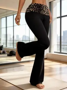 Women's Sporty Yoga Pants, Elastic Leopard Print Design, Elastic Waist Activewear, Fitted High-Waisted Comfortable Long Leggings, Athleisure Fitness Leggings for All Seasons