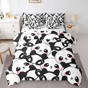 Panda 7 Piece Bedding Set,Cute Black White Bear Comforter Bed Set with Sheets,Kawaii Animal Bed Bag,Childern Boys Girls Teens Bed Set