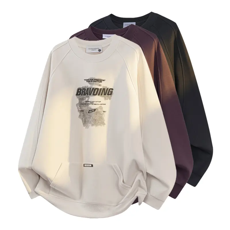 Unisex Oversized Graphic Sweatshirt, Vintage Streetwear Pullover Hoodie with 3D Embossed Letters, Heavyweight Cotton Raglan Sleeve Top, Drop Shoulder Crew Neck Jumper with Kangaroo Pocket, Casual Long Sleeve Shirt for Men Women