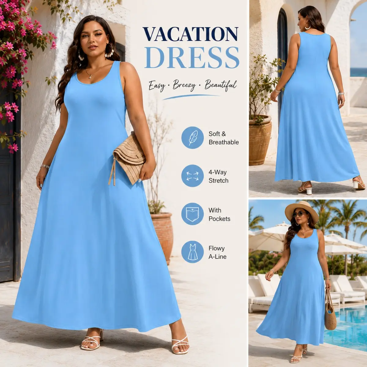 Women's Plus Size Casual Summer Vacation Maxi Dress - Flowy A-Line Lounge Dress with Pockets, Breathable Stretchy Soft Fabric (1XL-5XL), Sleeveless, Long, Machine Wash, Plus Size Casual Dresses
