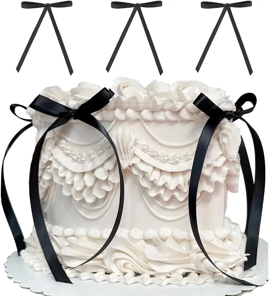 24 Pcs Bow Cupcake Toppers Satin Bows Birthday Cake Toppers Valentine's Bowknot Ribbons Bridal Cake Dessert Picks Coquette Cupcake Picks Girl Birthday Wedding Party Supplies, Black