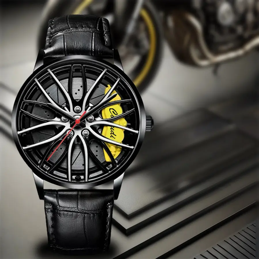New Trend Wheel Style Men's Quartz Watch! Black & Yellow Alloy, Cool Leather Strap. Fashionable for Men!   watch lamborghini wheel  watch