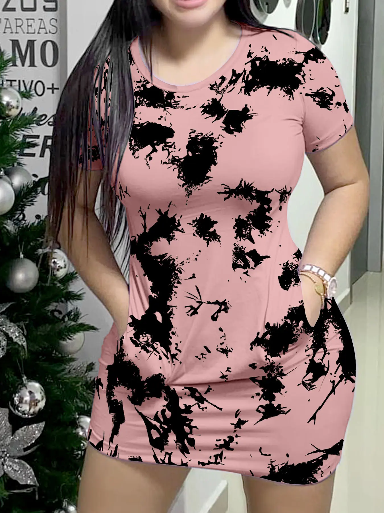 One piece tie-dye pattern print short sleeve dress, casual round neck short sleeve summer short dress, women's clothing, Casual Boho Soft Dress, Casual Boho Sundress, Casual Fashion Dress