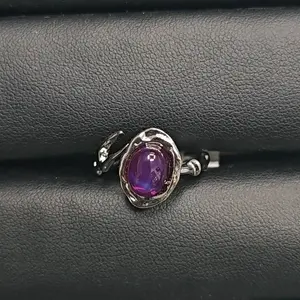 Ruby(10780)gc.Liquid Amethyst Ring - Raw Liquid Silver Setting with Deep Purple Oval Stone