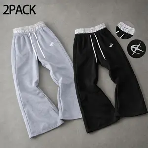 Mens 2 Pack Double Waistband Flare Sweatpants 100 Polyester Loose Fit Drawstring Pants with Brushed Interior Elastic Waist Wide Leg Opening Gray Black Set for Streetwear Lounge Gym Travel Daily Outfits