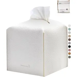 Tissue Box Cover 5X5X5'' PU Leather Tissue Holder Square Tissue Cube Box Organizer for Bathroom Vanity Countertop, Car, Night Stands, Office, Home, Kitchen (1Pack, White)