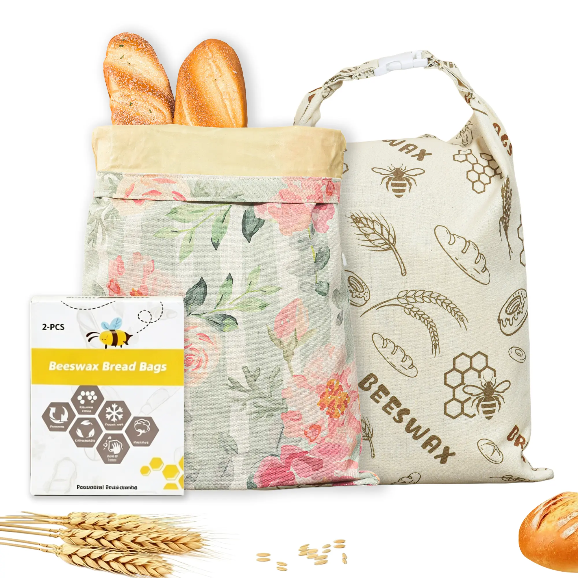 2Pack Reusable Beeswax Bread Storage Bags,Food Storage Wraps with Floral and Bee Print Design,for Sourdough Homemade Bread,Cotton Linen Material Storage Bag,Easy Cleaning(Flower)