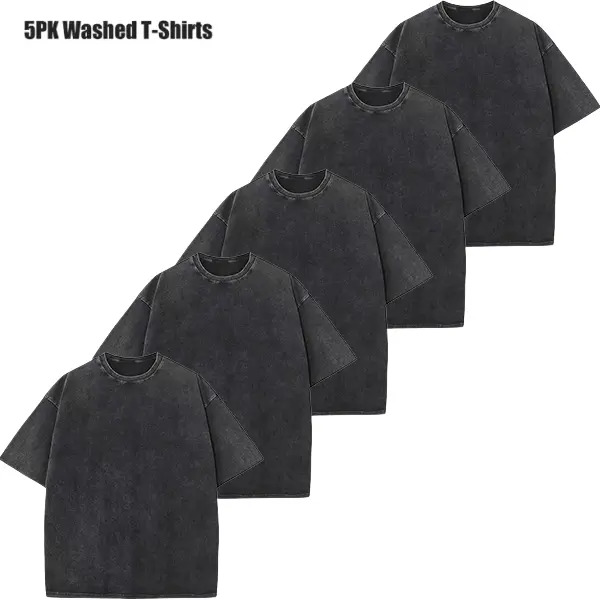 Men's 5-Pack T-Shirts, Heavyweight 100% Cotton Vintage Washed Oversized Basic Tees, Unisex Streetwear for Layering & Everyday Outfits, Uniform, Cargo, Plain, Round Neck, Fabric, Oversized T Shirt, Vintage Shirts