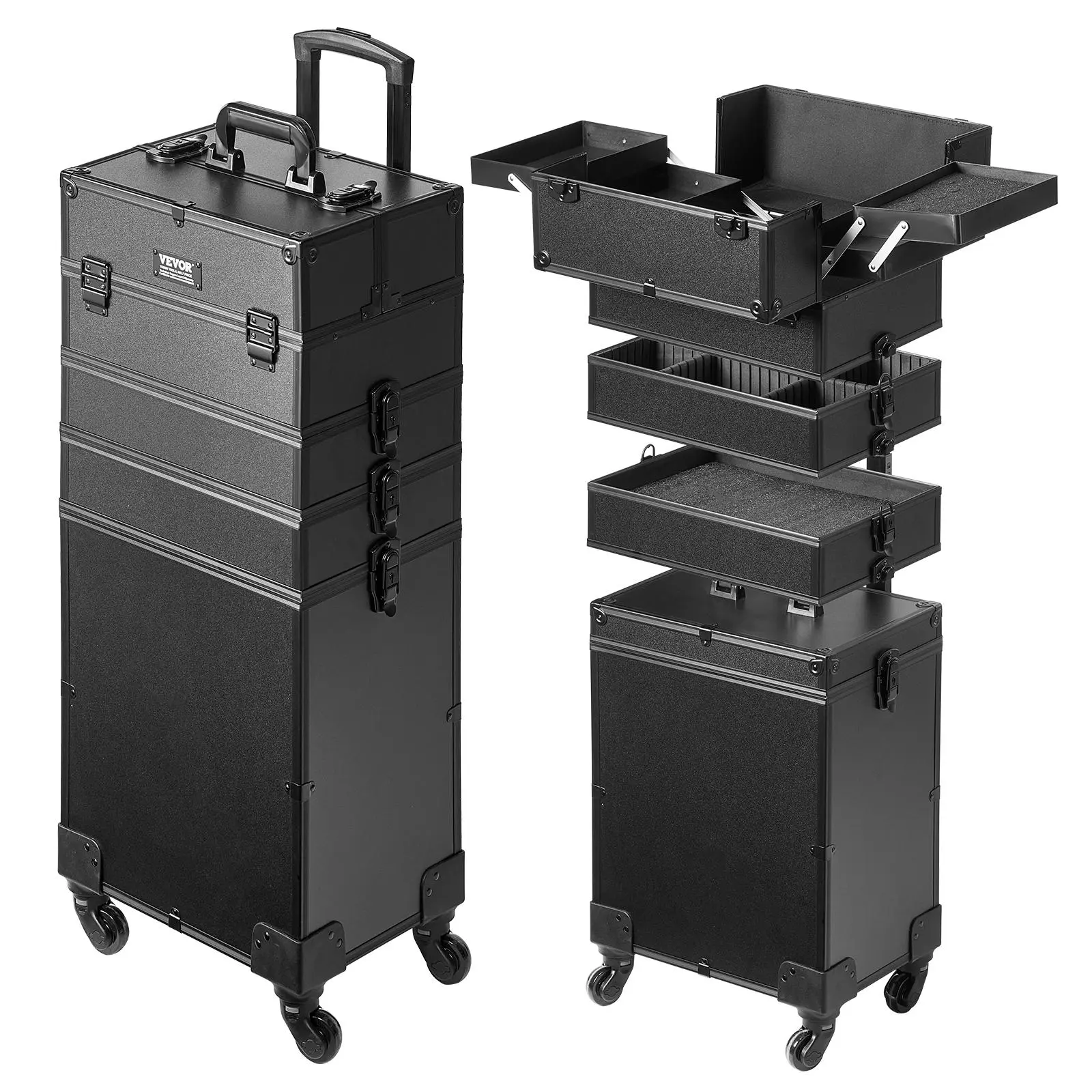 【Summerfinds】VEVOR 5 in 1 Professional Makeup Train Case Aluminum Cosmetic Case, Rolling Makeup Case Extra Large Trolley Makeup Travel Organizer, with 360° Swivel Wheels & Adjustable Pull Rod, Black